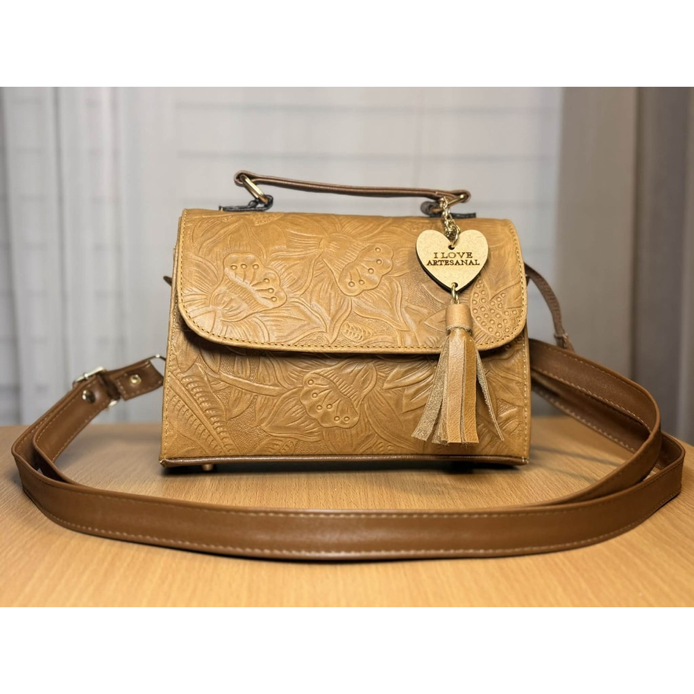 Camel Beige Sunflower Embossed Tooled Artisan LEATHER Crossbody bag Purse - Picture 14 of 16